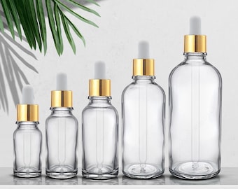 Clear Glass Dropper Bottles, Gold Pipette 18mm Neck for Oils, Serums