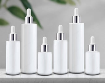Cylindrical White Glass Dropper Bottle with Silver Pipette, 30ml-100ml