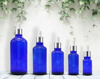 Blue Glass Dropper Bottles with Silver Pipette, UV Protection