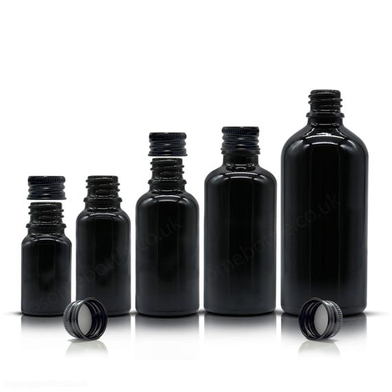 Schwarze Glasflasche mit schwarzem Aluminiumdeckel für Aromatherapieöle flüssige ätherische Öle in den Größen 10ml, 20ml, 30ml, 50ml oder 100ml