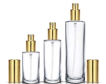 Cylindrical Clear Glass Spray Bottle with Gold Mist Sprayer (30ml 50ml 100ml)
