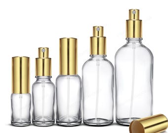 Clear Glass Spray Bottle with GOLD Mist Sprayer Atomiser Pump 18mm Neck