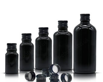 Black Glass Bottle with Black Aluminium Cap for Aromatherapy Oils Liquid Essential Oils in Sizes 10ml, 20ml, 30ml, 50ml or 100ml Wholesale
