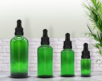 Green Glass Dropper Bottles with Tamper Evident Pipette, 30ml-100ml