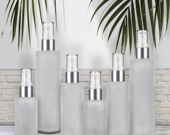 Cylindrical Frosted Glass Spray Bottle, Silver Mist Sprayer (30ml, 50ml, 100ml)