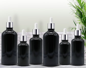 Black Glass Dropper Bottle, Silver Pipette, Aromatherapy Oils (30ml, 50ml, 100ml)