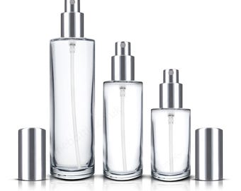 Cylindrical Clear Glass Spray Bottle with Silver Mist Sprayer (30ml 50ml 100ml)