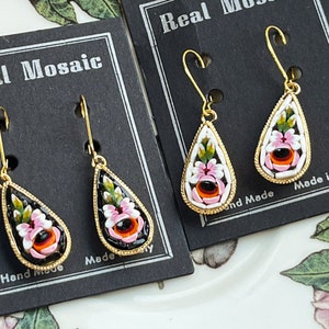 IN STOCK Drop earrings Italian Florentine Micrmosaic Jewelry gold brass glass Florence Italy vintage style floral gift red pink rose