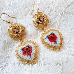 Earring Filigree Italian Florentine Micro Mosaic Jewelry Byzantine, brass glass Florence Italy vintage style floral  gift Italy heart