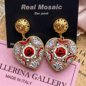 Earring Filigree Italian Florentine Micro Mosaic Jewelry Byzantine, brass glass Florence Italy vintage style floral  gift Italy heart