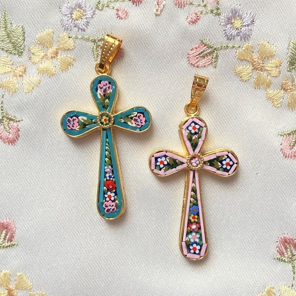 Italian Florentine Micro Mosaic Jewelry Pendant for necklace Byzantine Florence Italy vintage style floral cross religious large