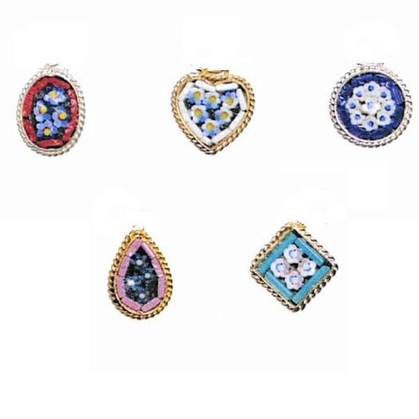 Italienische Florentiner Micro Mosaik Schmuck Anhänger für Halskette Byzantiner, Messing Glas Florenz Italien Vintage-Stil Blumen rundes ovales Herz gft