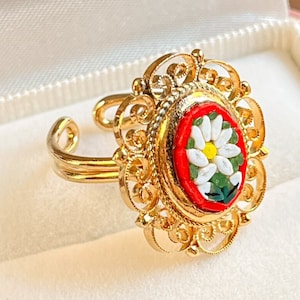 Ring filigree Italian Florentine Micro Mosaic Jewelry Byzantine, brass glass Florence Italy vintage style floral oval micromosaic free size