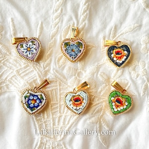 IN STOCK Italian Florentine Micro Mosaic Jewelry Pendant for necklace Byzantine, brass glass Florence Italy  floral heart rose