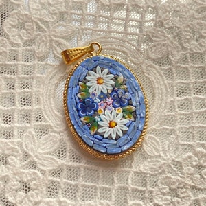 Italian Florentine Micro mosaic Jewelry pendant gold brass handmade in Florence Italy vintage floral antique wedding gift oval large blue