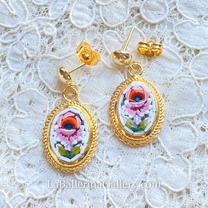 Earrings Filigree Italian Florentine Micro Mosaic Jewelry Byzantine, brass glass Florence Italy vintage style floral oval gift Italy