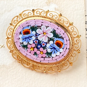 IN STOCK Italian Florentine Micro Mosaic Jewelry brooch Florence Italy vintage style floral micromosaic oval filigree pink rose