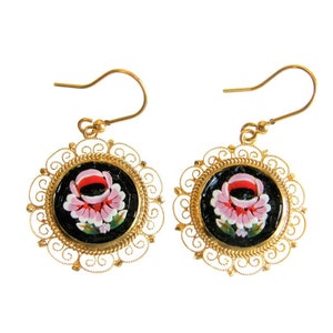 Earring Filigree Italian Florentine Micro Mosaic Jewelry Byzantine, brass glass Florence Italy vintage style floral round gift Italy
