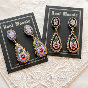 Earring stud drop Italian Florentine Micro Mosaic Jewelry Byzantine, brass glass Florence Italy vintage style floral gift Italy flowers