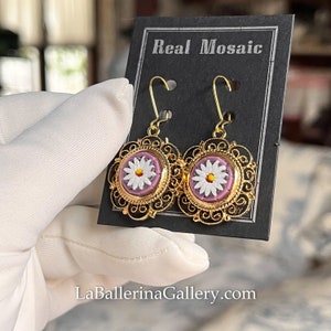 Earring Filigree Italian Florentine Micro Mosaic Jewelry Byzantine, brass glass Florence Italy vintage style floral round gift Italy