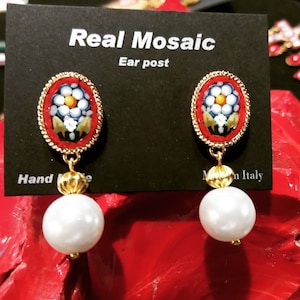 Earring Ear studs round oval  Italian Florentine Micro Mosaic Jewelry Byzantine, brass glass Florence Italy vintage style floral gift Italy