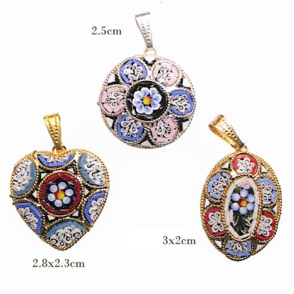 Italienische Florentiner Micro Mosaik Schmuck Anhänger für Halskette byzantinisches Glas Florenz Italien Vintage floral Micromosaic Herz oval rund