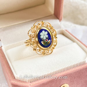 IN STOCK Ring filigree Italian Florentine Micro Mosaic Jewelry brass glass Florence Italy vintage style floral oval blue micromosaic