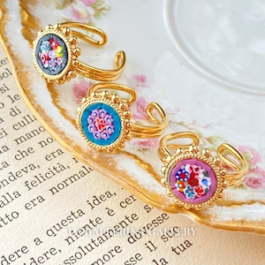 Italian Florentine Micro Mosaic Jewelry ring Byzantine, brass glass Florence Italy vintage style floral round micromosaic free size