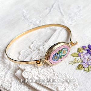 Bracelet Italian Florentine Micro Mosaic Jewelry golden brass glass Florence Italy vintage style floral oval