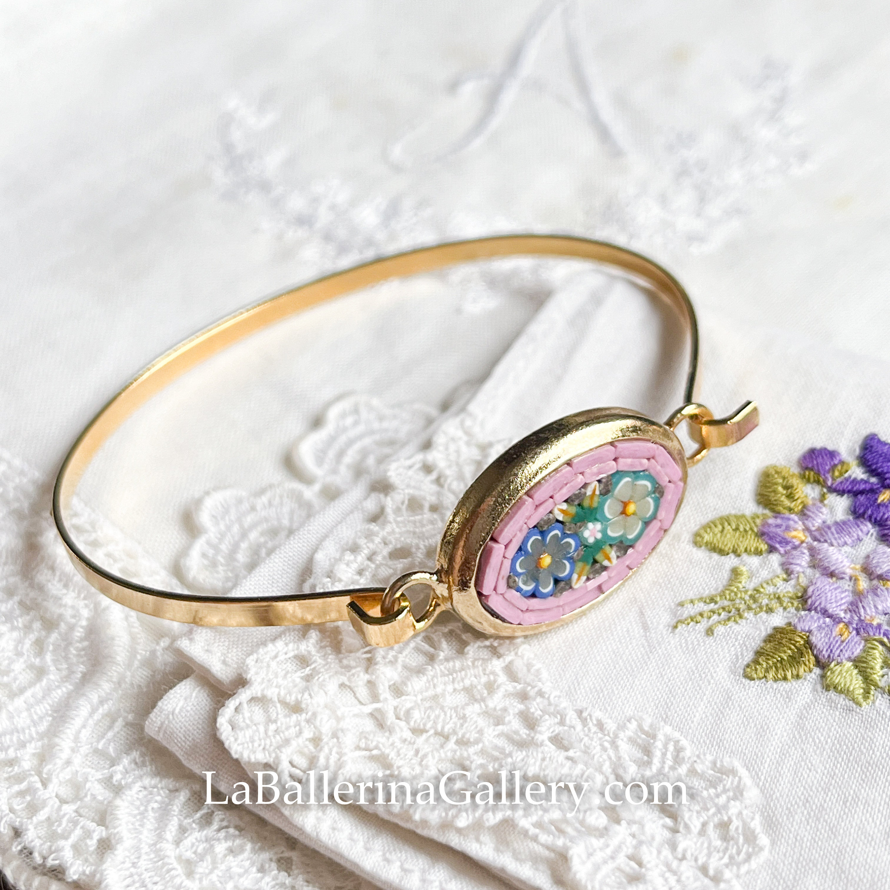 Bracelet Ancien Avec Médaillon Micro Mosaïque Peint Main - Onyx Et Argent - Occasion En Bon état