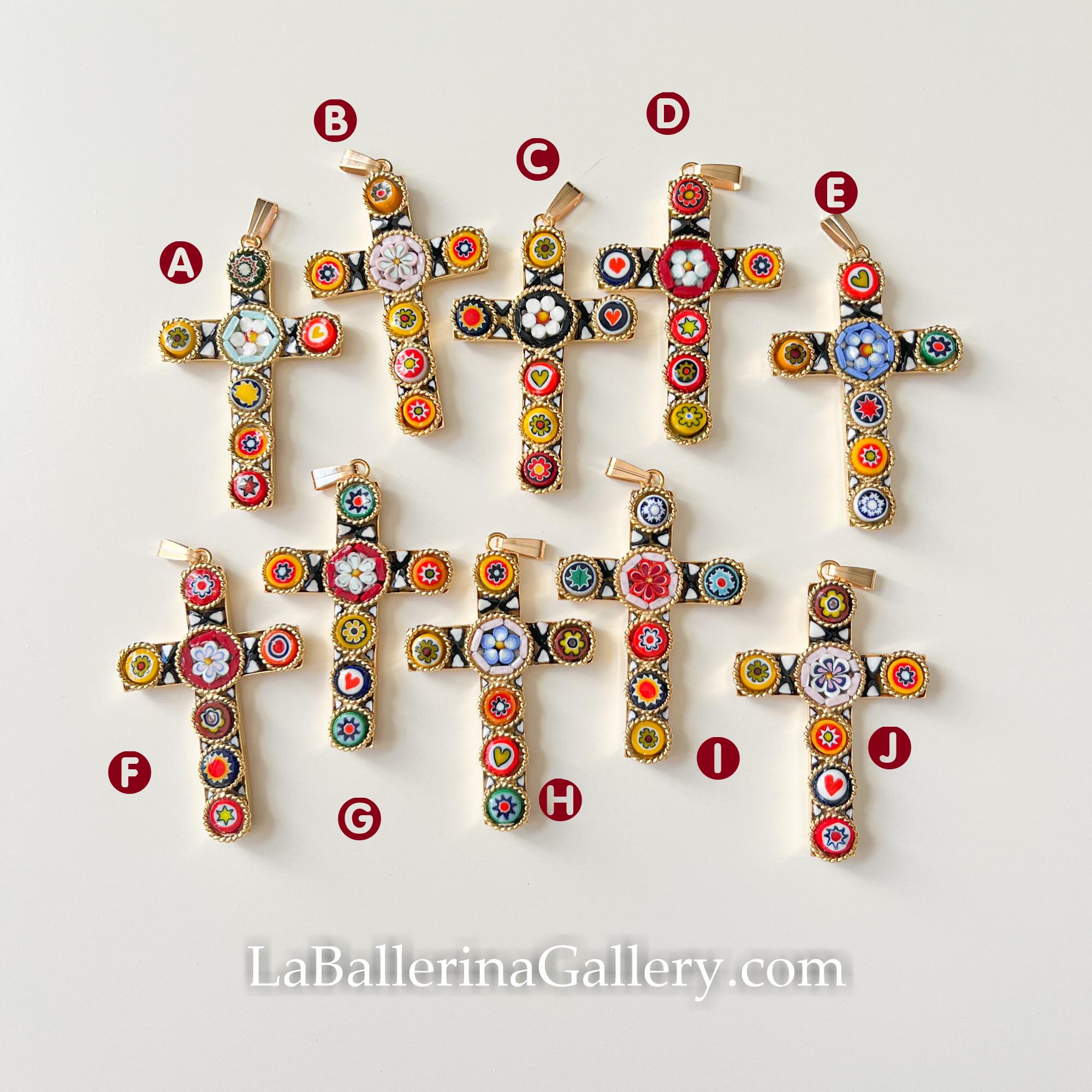 Pendentif Croix Murano Millefiori – Verre Vert – Artisanat Italien