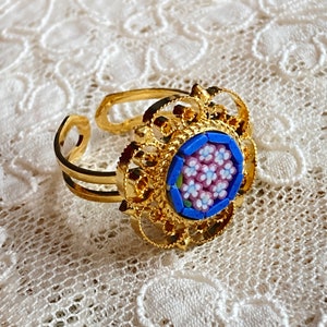 Italian Florentine Ring round  Micromosaic Jewelry Murano glass Florence Italy vintage style floral round micro mosaic free size