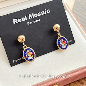 Earring Ear studs round oval Italian Florentine Micro Mosaic Jewelry Byzantine, brass glass Florence Italy vintage style floral gift Italy