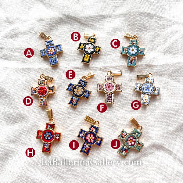 IN STOCK Italian Florentine Micro Mosaic Jewelry Pendant for necklace brass  Florence Italy vintage floral cross religious