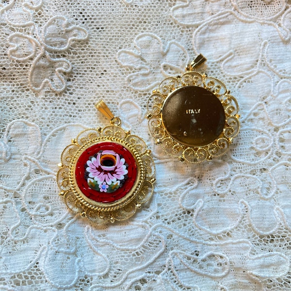 Italian Florentine Micro Mosaic Jewelry Pendant for necklace Byzantine brass Florence Italy vintage style floral round filigree golden