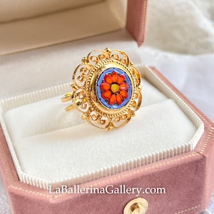 IN STOCK Ring filigree Italian Florentine Micro Mosaic Jewelry brass glass Florence Italy vintage style floral round micromosaic free size