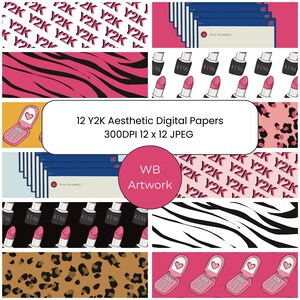 12 Y2K Ästhetische Digital Papiere | Trendige herunterladbare Muster | Herunterladbares Papierpaket