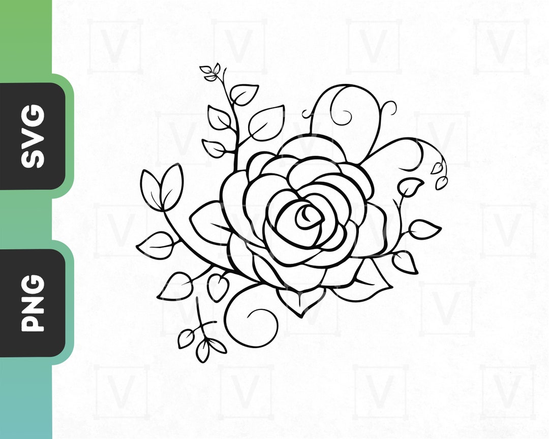 Rose SVG Clipart Flower With Leaf Vines Outlined Vector Etsy