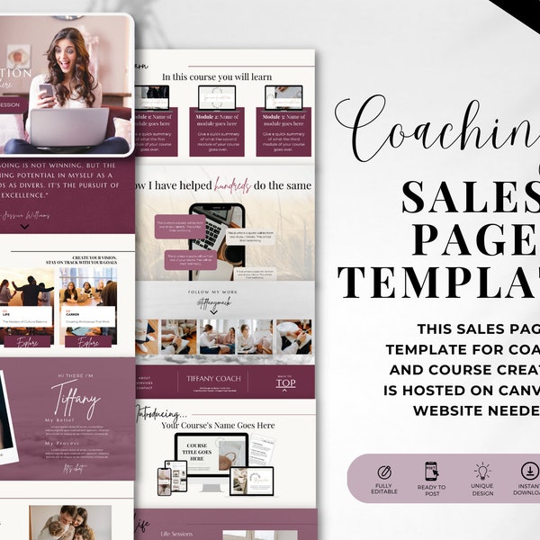 Coaching Sales Page Template, Online Course  Sales Landing Page Template, Canva Website Template, Mobile optimized, no coding website