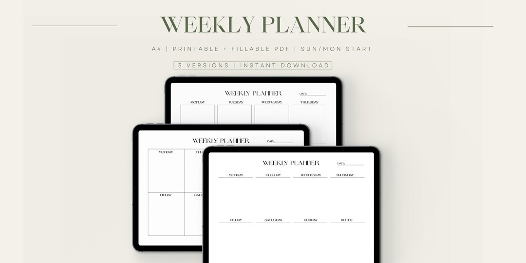 Digital Weekly Planner Printable Landscape, Minimalist Weekly Schedule ...