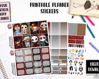 Pegatinas de villanos de películas de terror para agenda: Kit semanal de planificador feliz (descarga digital)