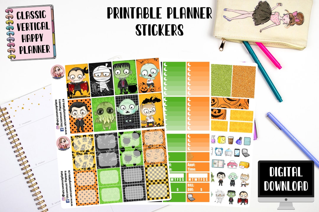 PRINTABLE Kawaii Halloween Monsters Weekly Kit Happy Planner Stickers ...