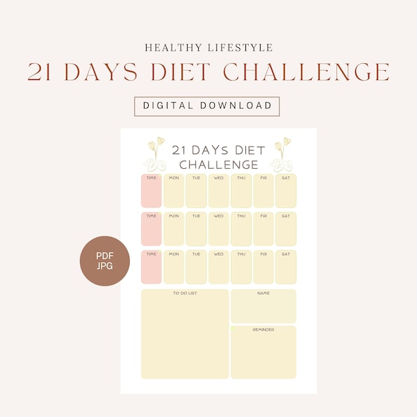 21 Days Diet Challenge Achieve a Healthy Lifestyle  Wellness Journey Fitness Planner Sugar Free Template