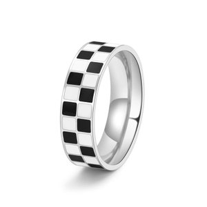 Custom Black & White Checkerboard Rings, Stainless Steel Band Ring, Simple Couple Band Wedding Band Couple Ring Promise Ring Engagement Ring image 4