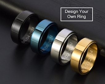 Brede Sliver/Goud/Zwart/Blauw Spinner RVS Ringen, Draaibare ring, Angst Ring, Fidget Ring, Worry & Stress Relief Ring