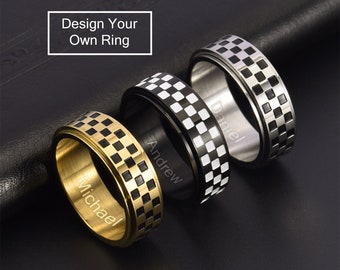 Personalised Black White Checkerboard Spinner Rings, Rotatable Stainless Steel Ring, Anxiety Ring, Fidget Ring, Worry & Stress Relief Ring