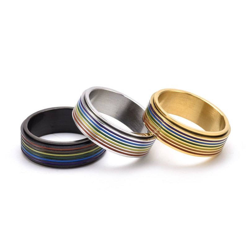 Personalisierte LGBTQ Pride Spinner Ringe, Regenbogen Streifen Drehbare Ring, Titan Stahl Ring, Angst Ring, Fidget Ring, Benutzerdefinierte LGBT Geschenke Bild 4