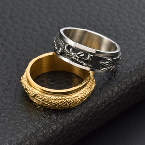 Personalised Coiling Dragon Spinner Ring Sliver/Gold/Black Rotatable Ring Stainless Steel Anxiety Ring Fidget Ring Worry&Stress Relief Ring