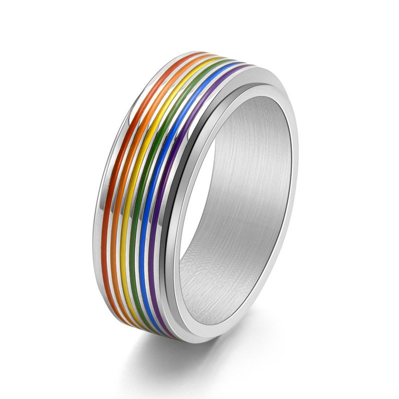 Personalisierte LGBTQ Pride Spinner Ringe, Regenbogen Streifen Drehbare Ring, Titan Stahl Ring, Angst Ring, Fidget Ring, Benutzerdefinierte LGBT Geschenke Bild 6