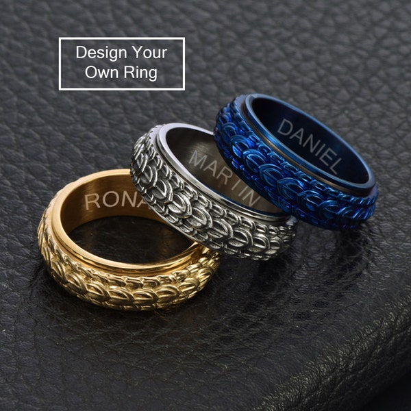 Personalised Dragon Scale Spinner Ring, Sliver/Gold/Black Rotatable Ring, Titanium Steel Ring, Anxiety Ring, Fidget Ring, Decompression Ring